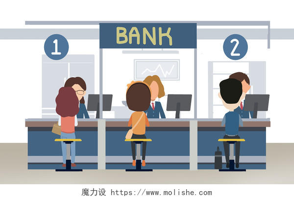 卡通手绘银行取款服务人物素材